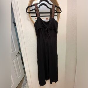 Black Brazilian Linen Blend Embroidered Strap Jumpsuit